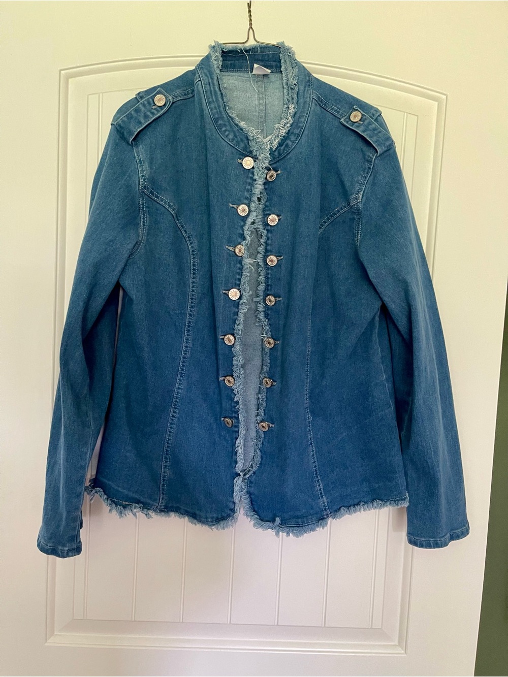 Frayed Trim Denim Jacket - Blue